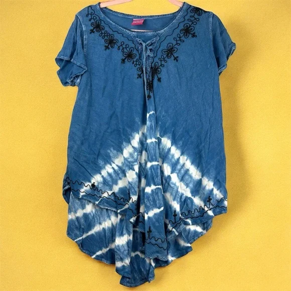 VTG California Woman Free Size Blue Tie-Dye Women's Top Embroidered - Picture 2 of 6